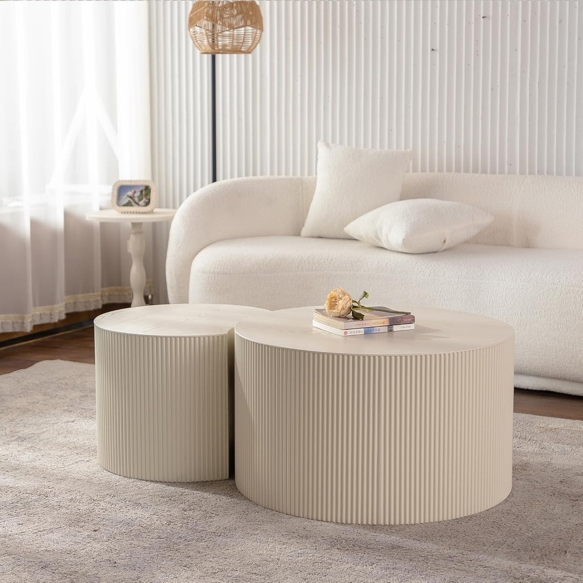 WILLIAMSPACE Beige Round Nesting Coffee Table Set of 2 with Wave Stripe, Modern Wooden Circle Drum Tables Center Table Accent Side Crescent Shape Table for Living Room, No Assembly, 18.9" + 14.96"