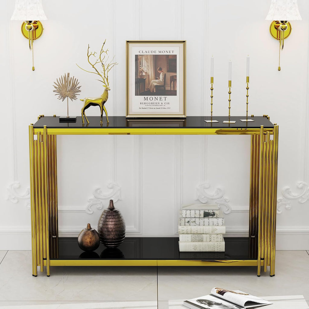 Gold Console Table with Tempered Glass for Entryway Living Room, Modern Luxury Stainless Steel Sofa Side Table Narrow Porch Hallway Tables (Black, 47inch)
