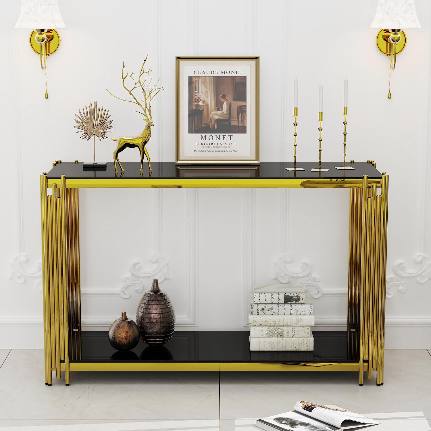 Gold Console Table with Tempered Glass for Entryway Living Room, Modern Luxury Stainless Steel Sofa Side Table Narrow Porch Hallway Tables (Black, 47inch)