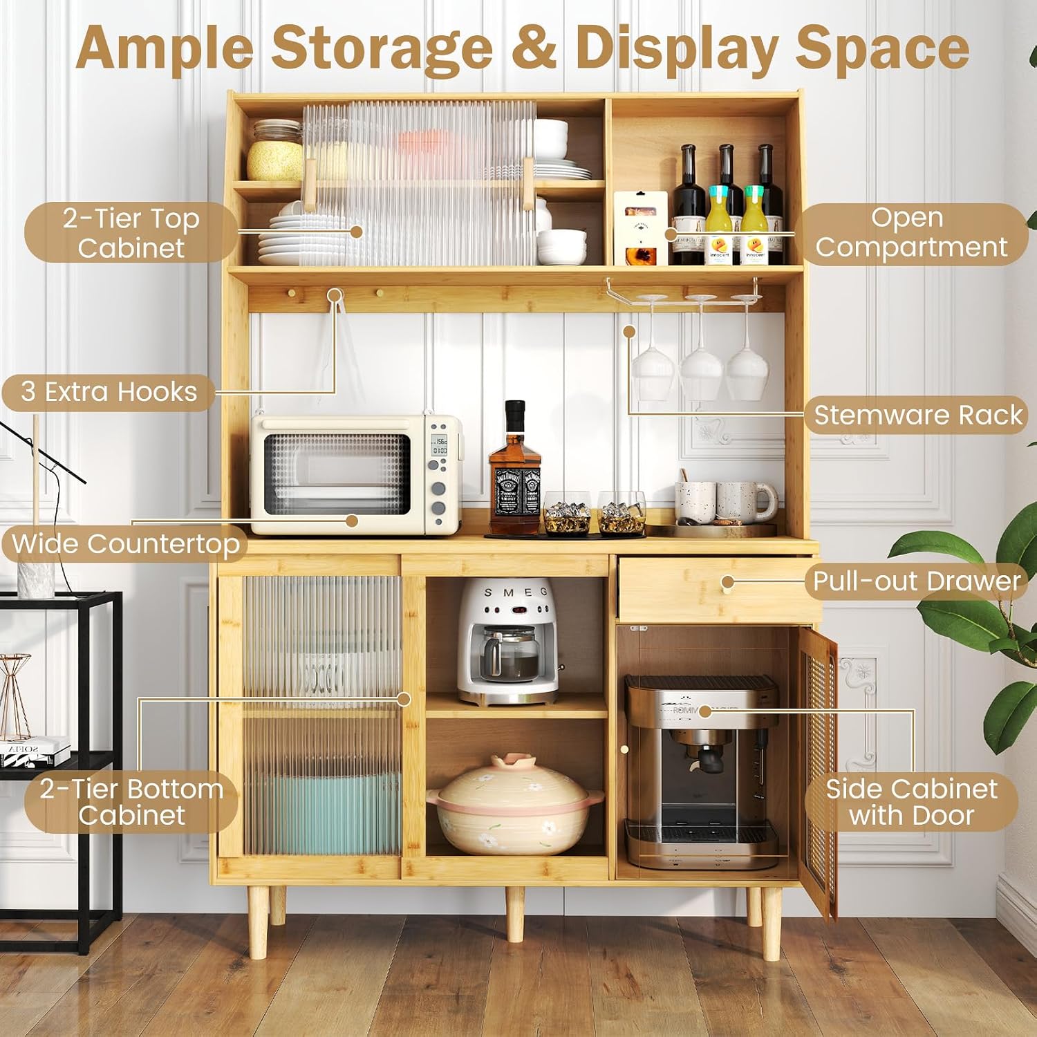 LOKO 69” Tall Bamboo Pantry Cabinet with Hutch, Kitchen Buffet Sideboard with Tempered Glass & PE Rattan Doors, Microwave Shelf, Glass Holder, Floor Cupboard Wine Bar Cabinet, Natural