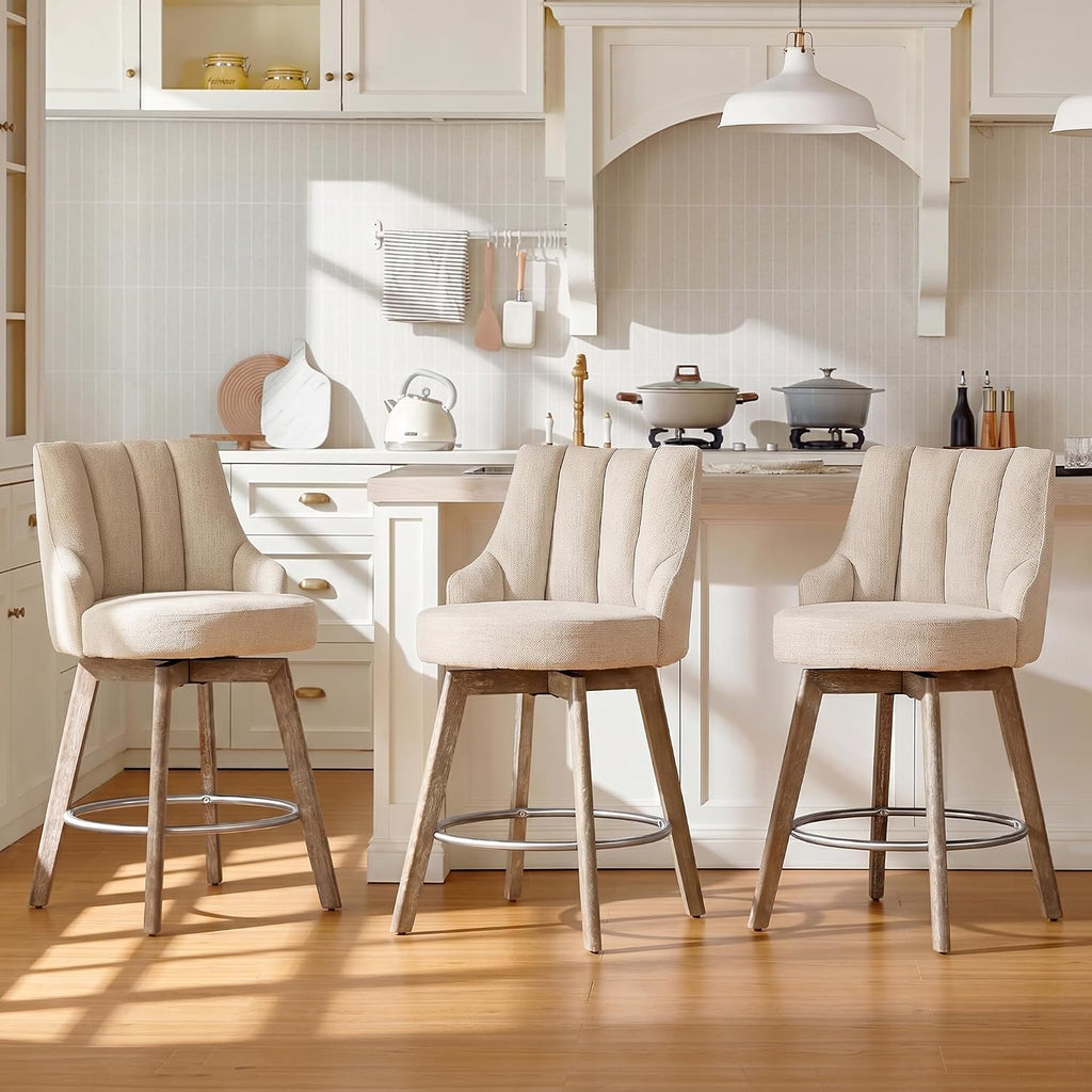 Swivel Counter Height Bar Stools,Barstools with Backs,Sand-Colored Bar Stools Set of 3,26'' Solid Wood Legs,Linen Fabric Thickened Seat Cushion Bar Stools