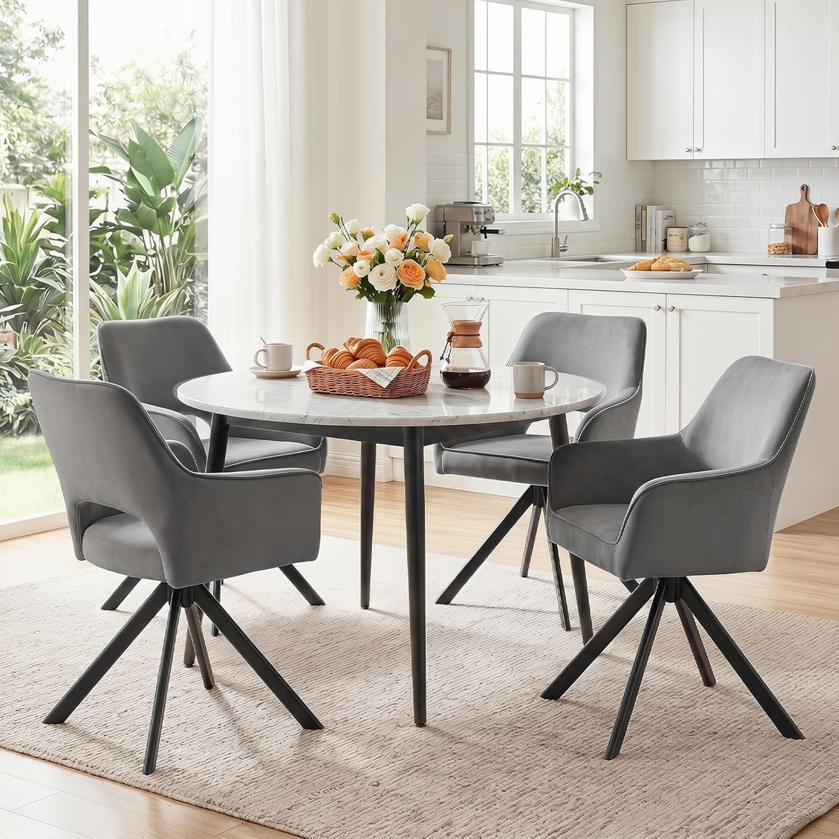 Furniliving Modern Swivel Dining Chairs Set of 2, Upholstered Chenille Dining Room Chairs with Thicken Cushion, 360° Rotating Kitchen Chairs with Metal Legs for Dining Room