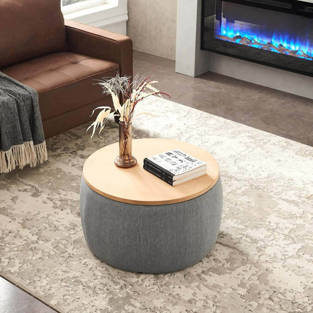 Round Storage Ottoman, 2 in 1 Function, Work as End Table and Ottoman, Dark Grey (25.5"x25.5"x14.5")