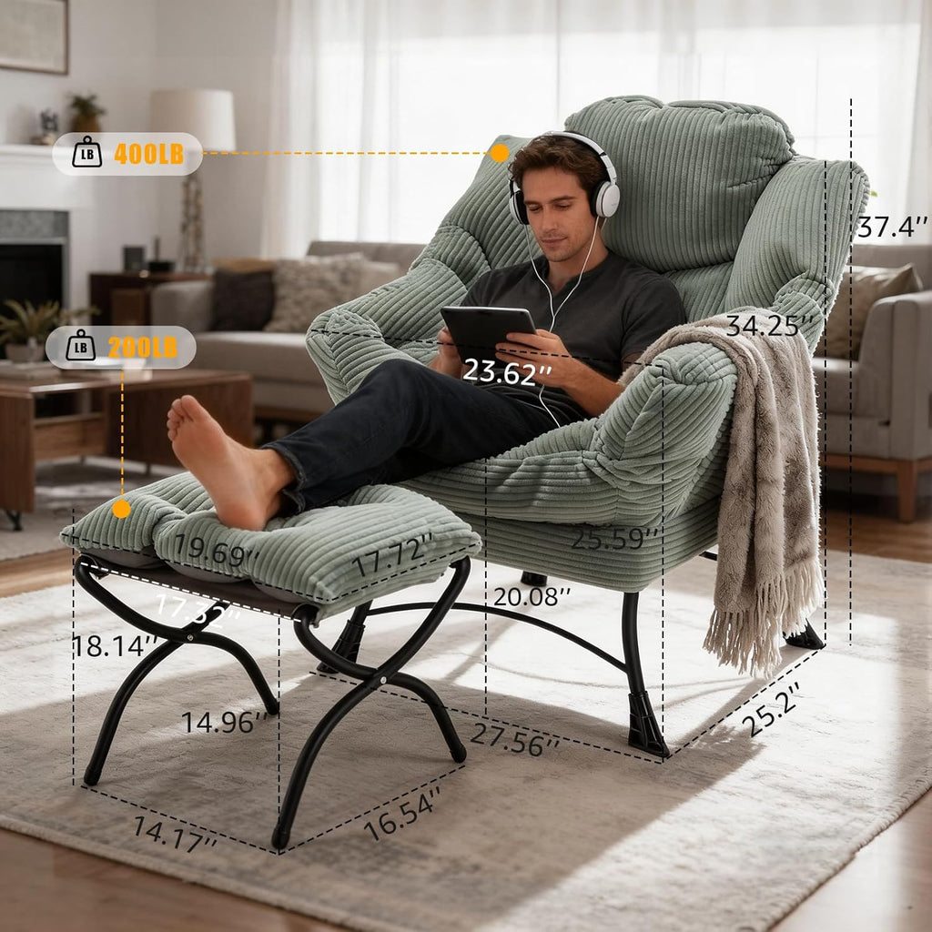 Oversized Lazy Chair with Ottoman for Adults, Chair and Ottoman Set Modern Skinny Lounge Chair with Footrest, Wide Reading Chair for Living Room/Bedroom, Comfy Accent Armchair for Small Spaces, Green