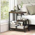 GOFLAME G-Shaped End Table, 3-Tier Sofa Side Table with Wheels, Open Shelves, Metal Frame, Modern Display Accent Table, Small Narrow Rolling Nightstand for Living Room, Bedroom, Rustic Brown