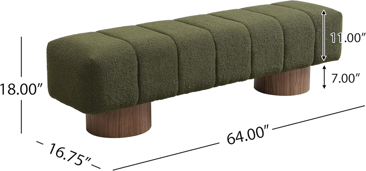 Upholstered Dining Bench, End of Bed Entryway Bench Ottoman for Bedroom Living Room, Dining Room, Green Boucle Fabric Stool Top Wood Leg, 300 LBS Weight Capacity, No-Assembly, Green