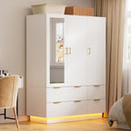 PAKASEPT Armoire Wardrobe Closet with 3 Door, Mirror, LED Lights | Hanging Rod, Drawers, Bedroom Armoires - Large Capacity Storage Wardrobe Armoire for Bedroom