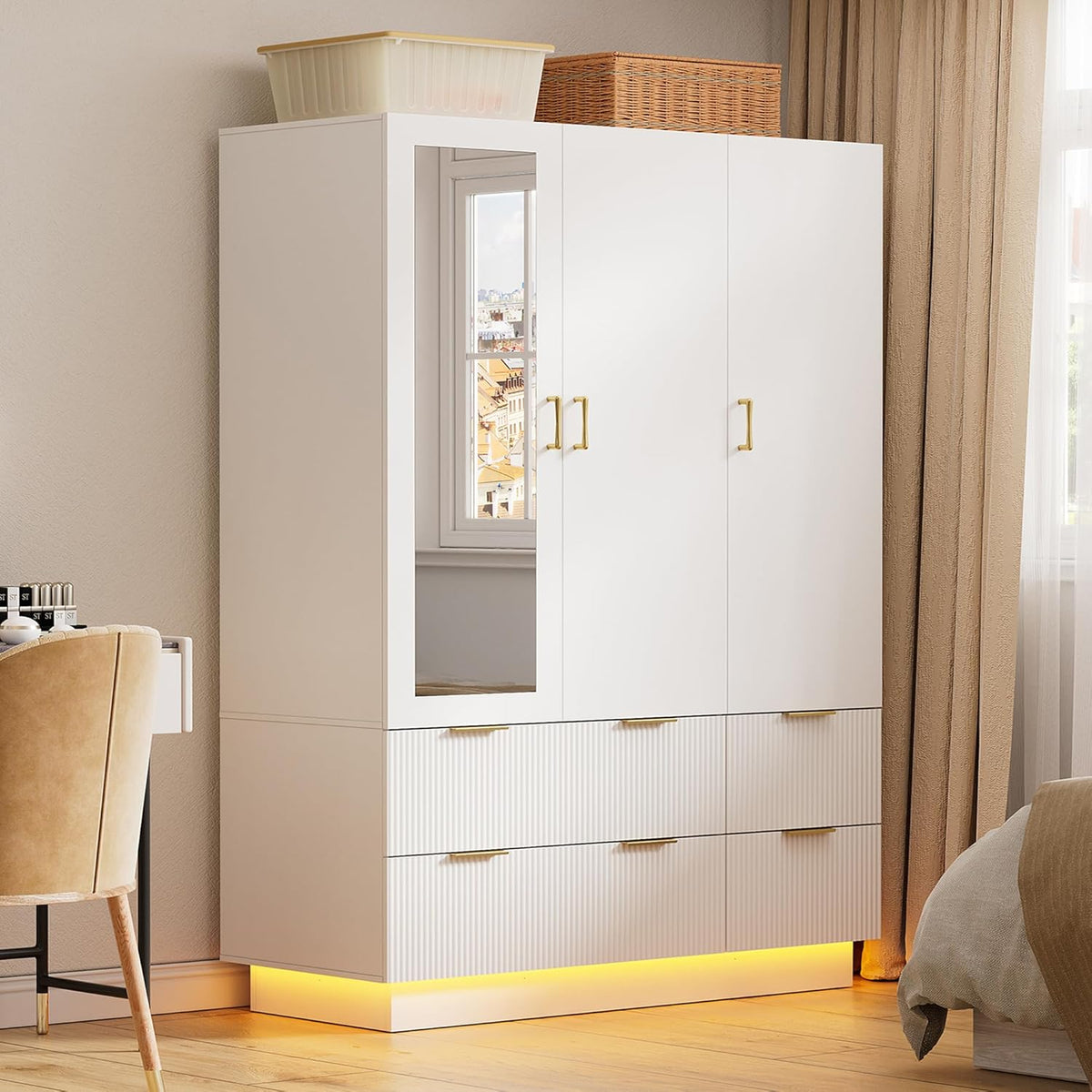 PAKASEPT Armoire Wardrobe Closet with 3 Door, Mirror, LED Lights | Hanging Rod, Drawers, Bedroom Armoires - Large Capacity Storage Wardrobe Armoire for Bedroom