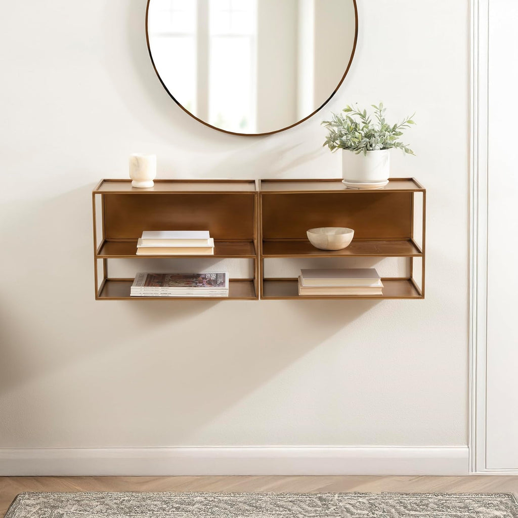 Kate and Laurel Nomi Modern Metal Floating Side Table with Storage, 18 x 10 x 12, Gold, Contemporary Tiered Floating End Table for Use as Wall Shelf for Small Spaces