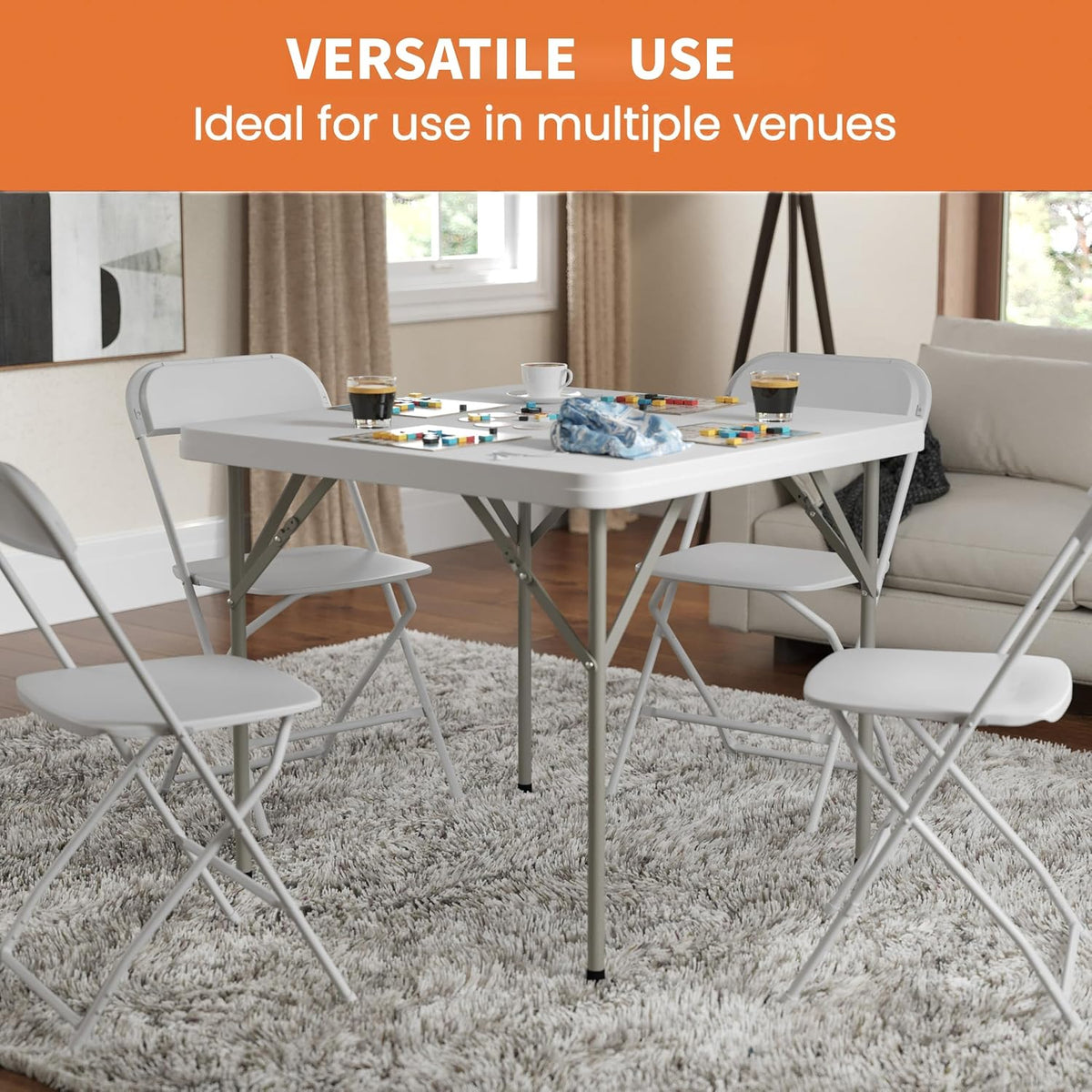 34" Square Folding Table Fold-in-Half Utility Dining Portable Table Heavy Duty HDPE with Carrying Handle, Plastic Tables for Camping,Picnic, Office, Party,Card Table (White)
