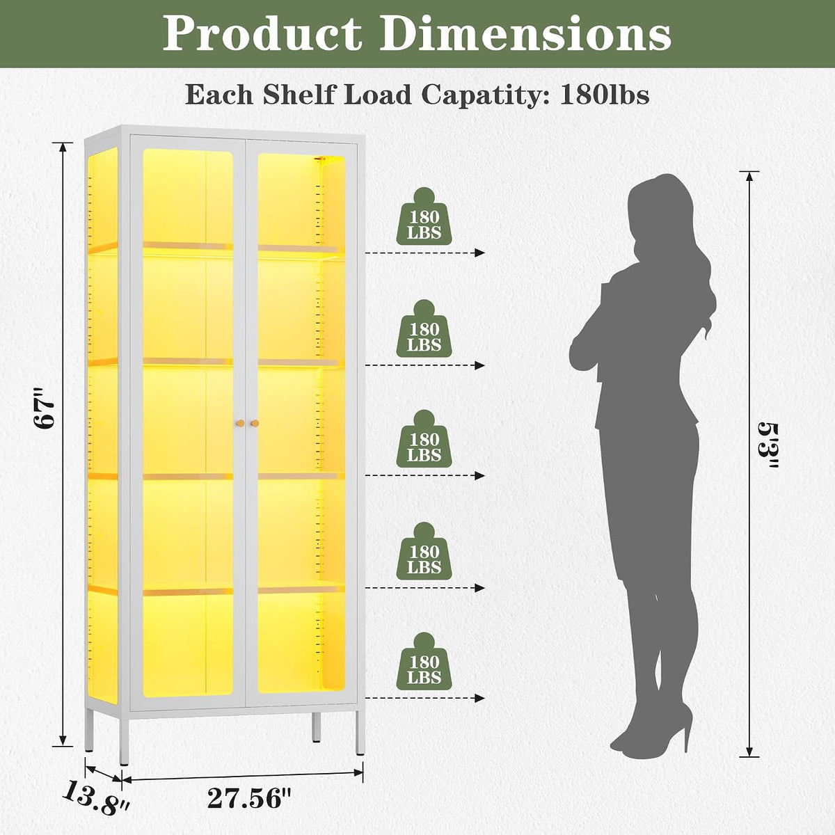 Lucky Monet 5-Tier Display Cabinet with 12 Color Lights & Glass Doors, 67" Lighted Curio Cabinet with Adjustable Shelves, Glass Metal Display Case for Collectibles Figures China (White)