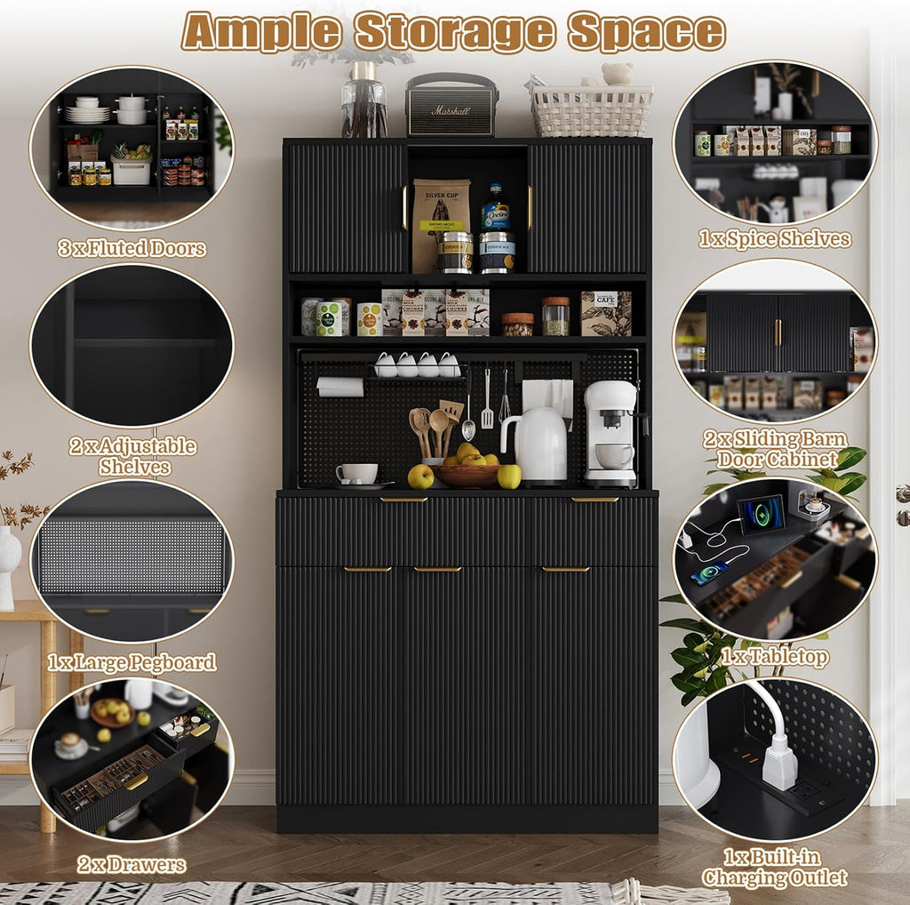 73" Tall Modern Kitchen Pantry Cabinet, Kitchen Hutch Bar Cabinet with Charging Station & DIY Pegboard, Wooden Storage Cabinets with Fluted Doors & Microwave Stand, Cupboard for Dining Room, Black