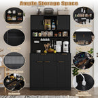 73" Tall Modern Kitchen Pantry Cabinet, Kitchen Hutch Bar Cabinet with Charging Station & DIY Pegboard, Wooden Storage Cabinets with Fluted Doors & Microwave Stand, Cupboard for Dining Room, Black