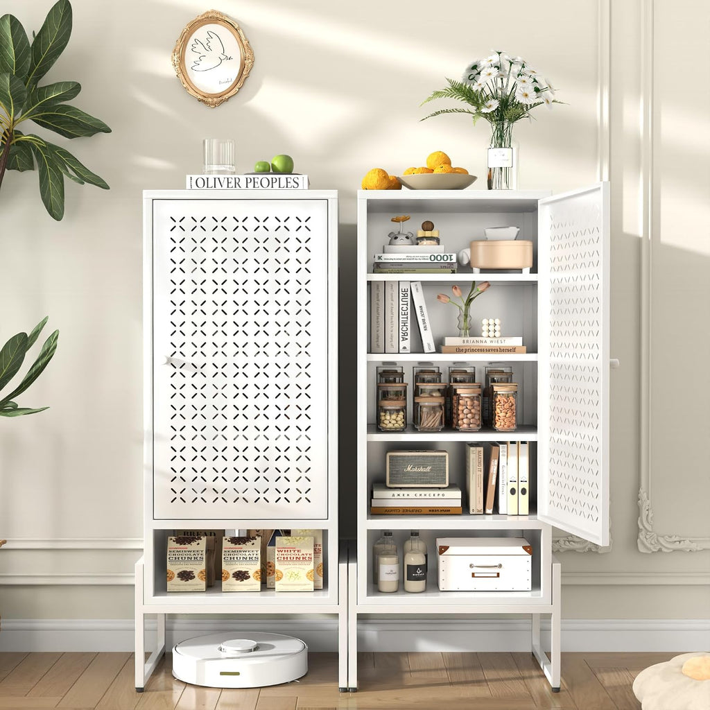 LEYNOT Small Bathroom Storage Cabinet,Metal Pantry Cabinet with Door and Adjustable Shelves,42.51x 16.53x13.77 Cupboard for Kitchen,Living Room,Entryway,Dining Room (Openwork X-Shaped, White)