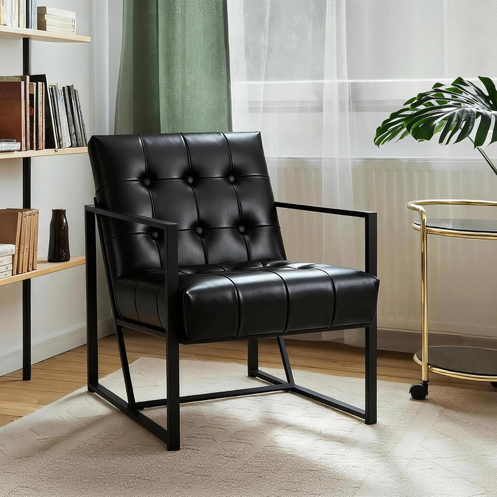 Glitzhome Mid Century Modern Accent Chair, Comfy Living Room Chair with Durable Metal Frame,PU Leather Cushioned, Reading Armchairs for Living Room, Bedroom, Home Office, Black