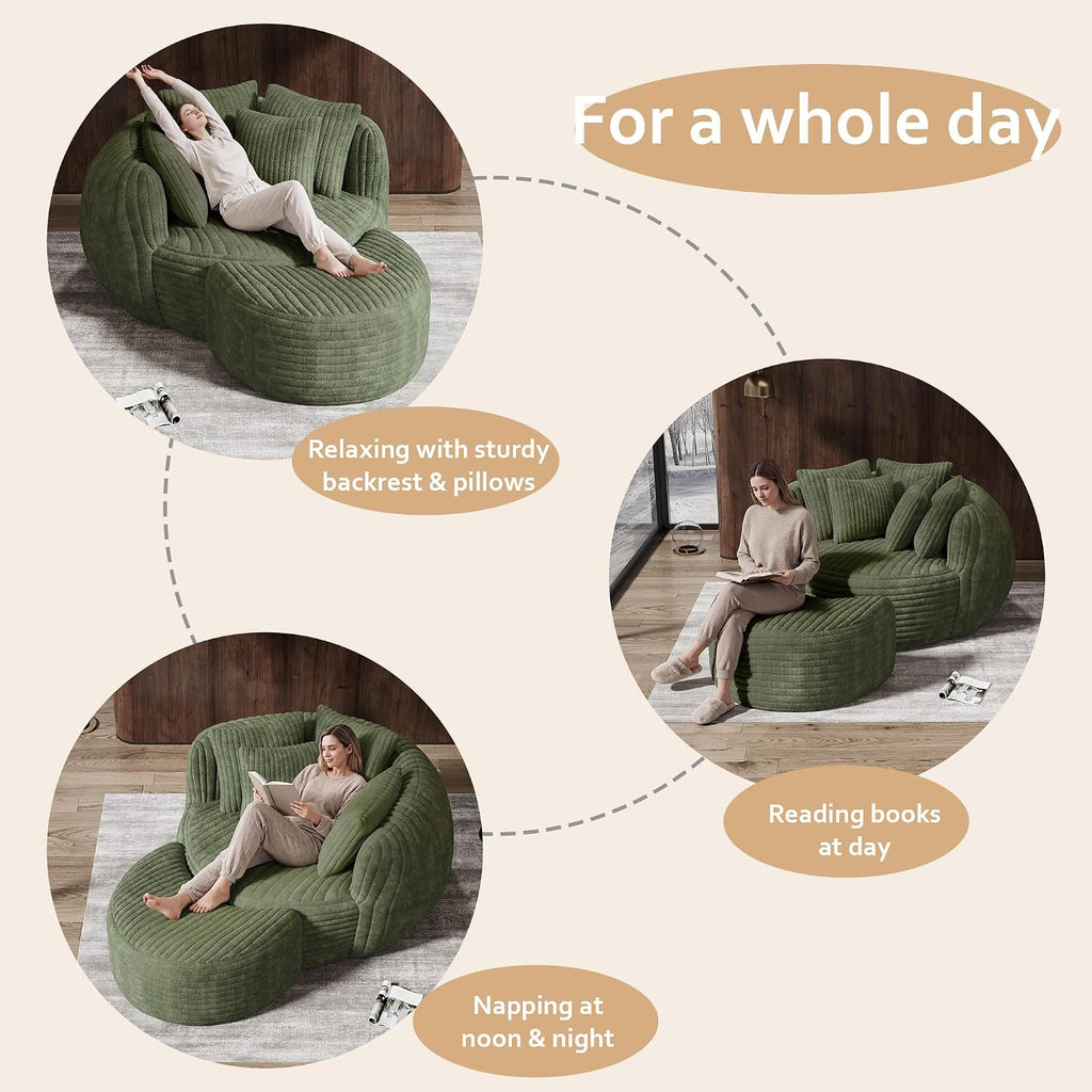 DAMAIFROM 50.5" W x 67" D Oversized Chaise Lounge Chair with Ottoman,Green | 38D Sponge,Round Reading Chair Luxury Plush Cloud Circle Sleeper for Living Room Bedroom, 5 Pillows,Corduroy