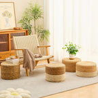 Wimarsbon Round Pouf Ottoman, Natural Hand Knitted Footrest Poof, Rustic Lounge Pouffe, Boho Pous Foot Stool, Accent Table or Seat (Natural Water Hyacinth, 17.7 * 17.7 * 9.84)