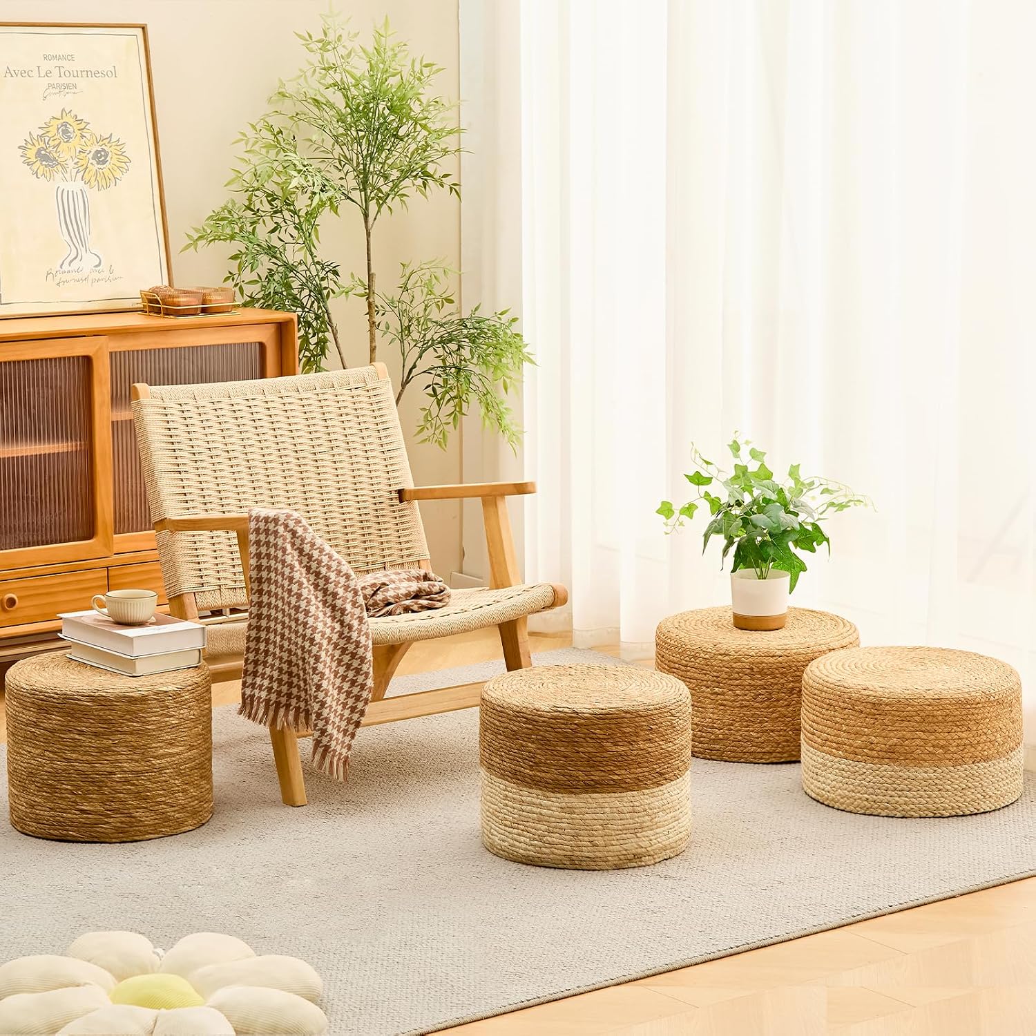 Wimarsbon Round Pouf Ottoman, Natural Hand Knitted Footrest Poof, Rustic Lounge Pouffe, Boho Pous Foot Stool, Accent Table or Seat (Natural Water Hyacinth, 17.7 * 17.7 * 9.84)