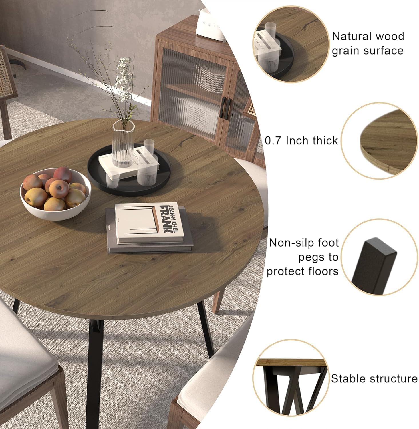 Round Dining Table with Metal Black Legs,35.43 Inch Circle Brown Kitchen Table Modern Dining Room Smal Table for 2-4 People (35.43'')