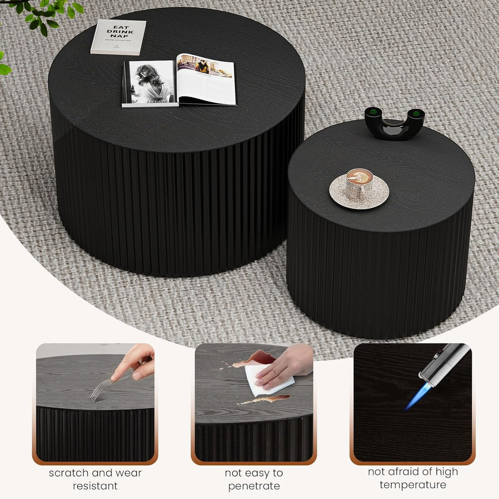 Round Wood Coffee Table Set of 2 Modern Round Fluted Nesting Coffee Tables Handcrafted Wooden Circle Nesting Table for Living Room for Small Space (Black (D27.56+D19.69 inch))