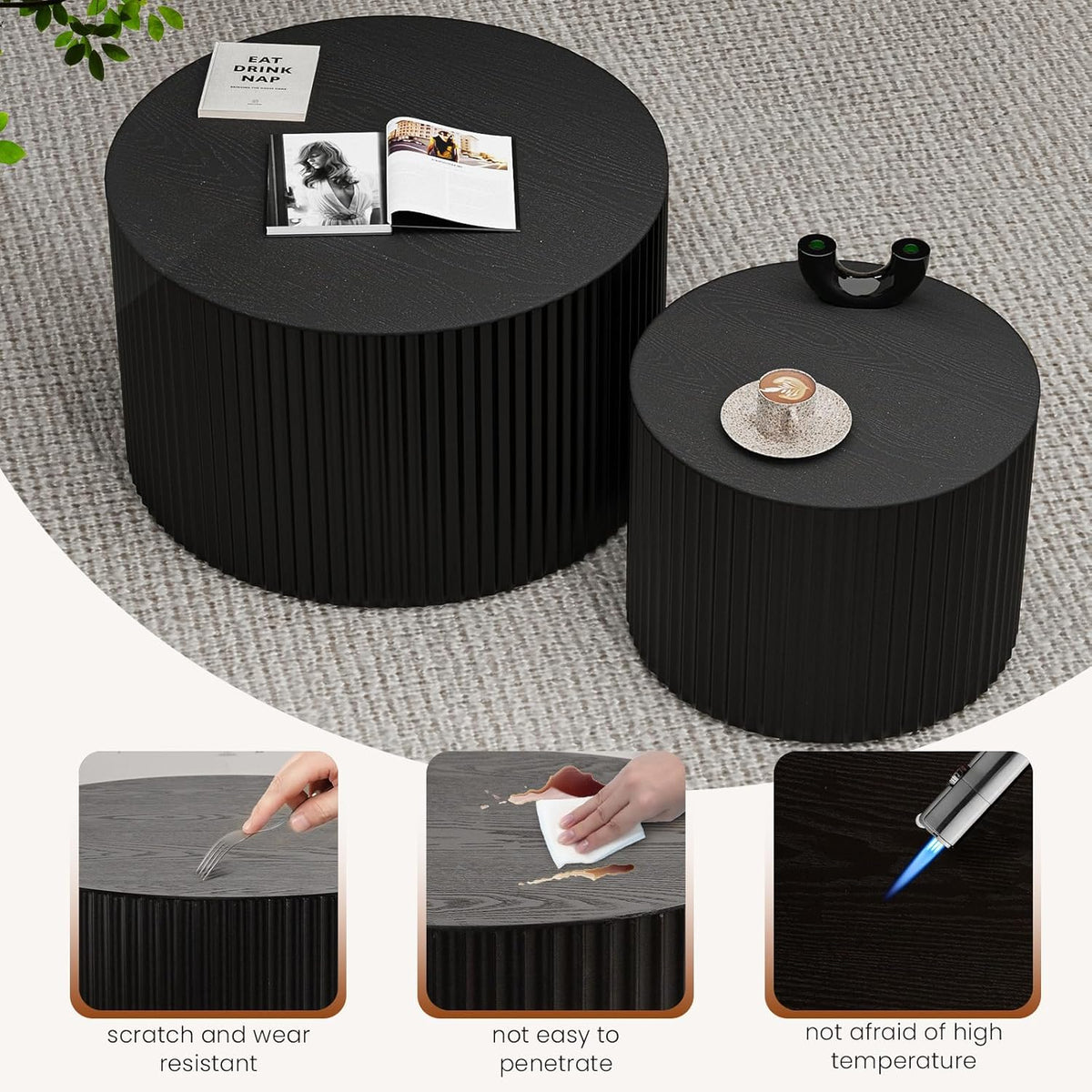 Round Wood Coffee Table Set of 2 Modern Round Fluted Nesting Coffee Tables Handcrafted Wooden Circle Nesting Table for Living Room for Small Space (Black (D27.56+D19.69 inch))