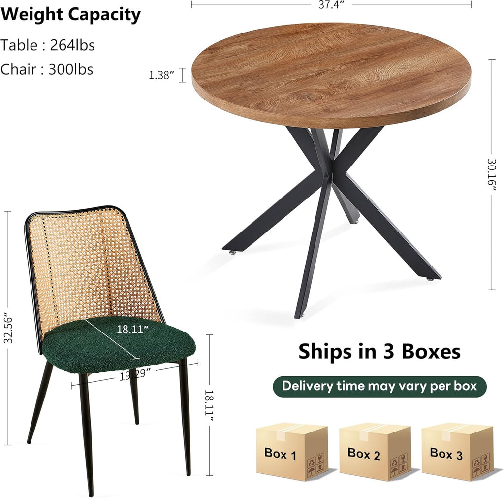 NORDICANA Dining Table Set for 4, Wooden Round Table and Wicker Chairs, 5-Piece Modern Kitchen Dinette Set for Breakfast Nook, Green Boucle Seat