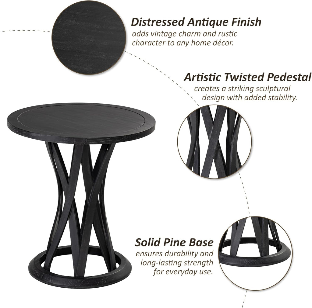 COZAYH Round Farmhouse End Table with Crisscross Pedestal Base, Distressed Finish Side Table Rustic Accent Table for Living Room, Pine Wood, Black