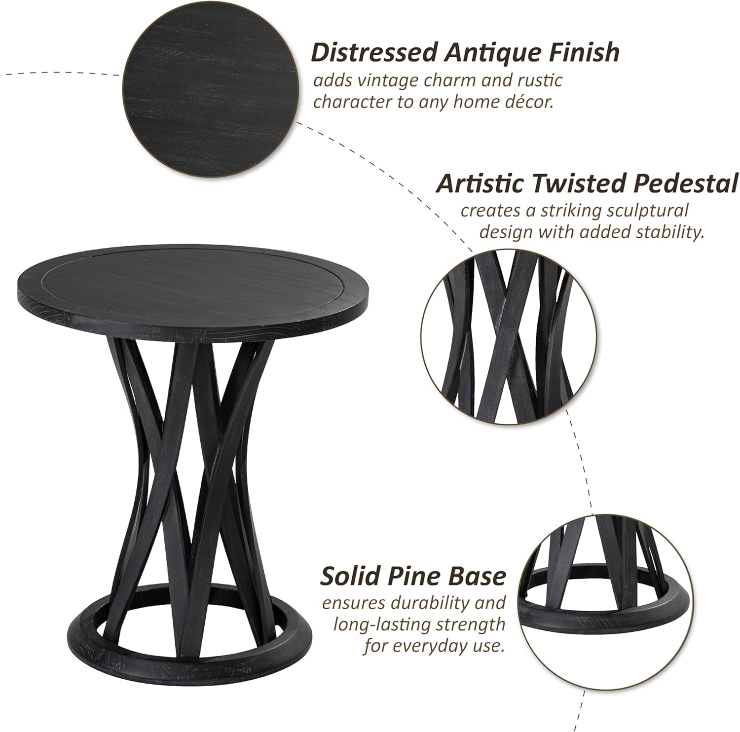 COZAYH Round Farmhouse End Table with Crisscross Pedestal Base, Distressed Finish Side Table Rustic Accent Table for Living Room, Pine Wood, Black