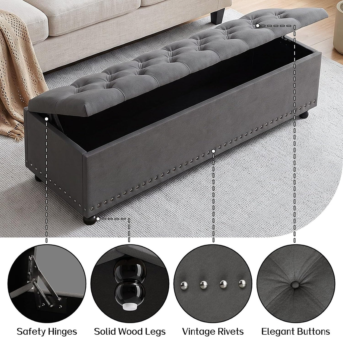 51" Storage Ottoman Bench with Wooden Legs and Soft-Close, Grey | Large End of Bed Bench with Button Tufting, Metal Rivet Accents, Fabric Bedroom Chest for Entryway Living Room Window