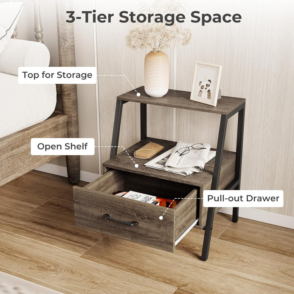 Giantex Farmhouse Nightstand with Drawer and Open Shelf, 2-Tier Bedside Table with Metal Frame, Stable End Table for Bedroom or Living Room, Rustic Gray