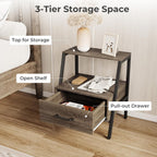 Giantex Farmhouse Nightstand with Drawer and Open Shelf, 2-Tier Bedside Table with Metal Frame, Stable End Table for Bedroom or Living Room, Rustic Gray