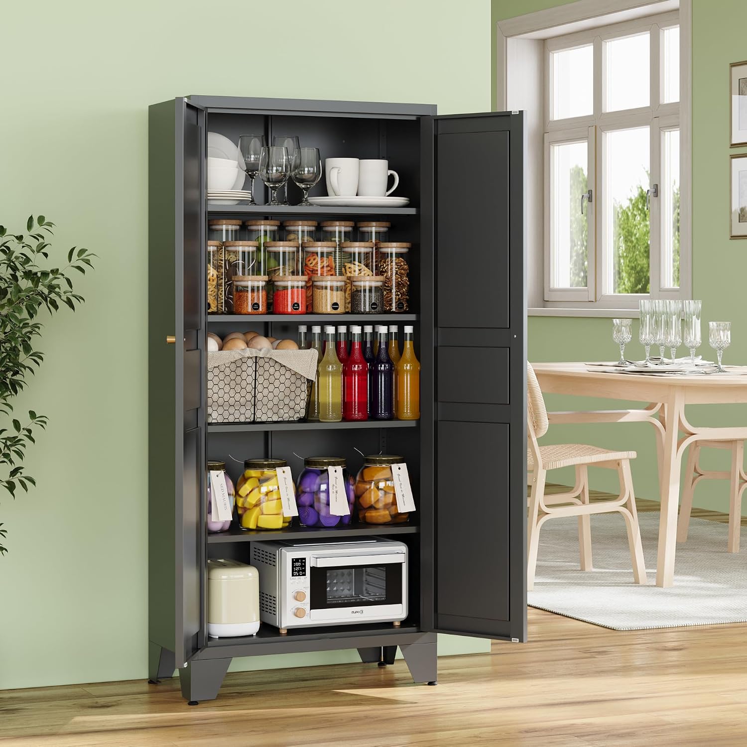 RAVIGIN Metal Storage Cabinet,61" H Pantry Cabinet with 2 Doors and 4 Adjustable Shelves,5 Tier Tall Kitchen Storage Cabinets for Kitchen,Pantry,Living/Study/Laundry Room(Black)