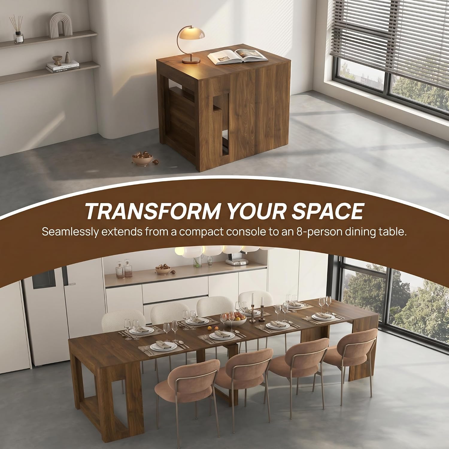 Extendable Dining Room Table for 1-10, 29.9"-108.7" Modern Farmhouse Wooden Long Large Rectangular Expanding Conference Kitchen Table for Party Weddings Meetings, Walnut