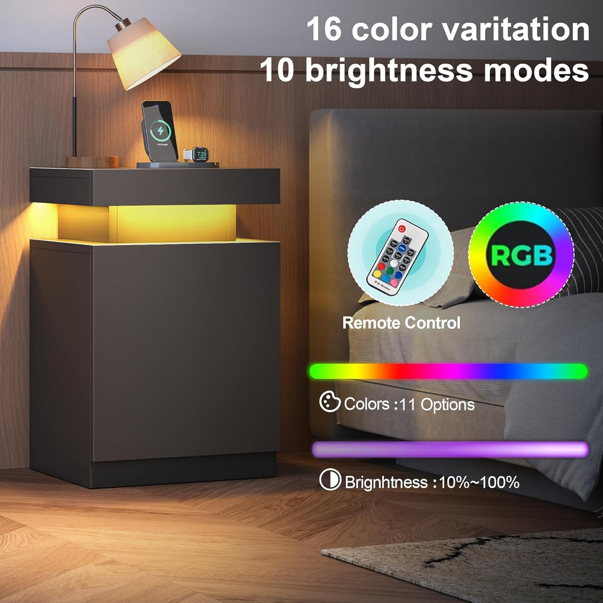 MXV Nightstand with LED Lights & Charging Station, Black Bedside Tables with USB Ports, Storage Cabinet & Drawers for Bedroom, Modern End Tables for Living Room(24 in Tall)