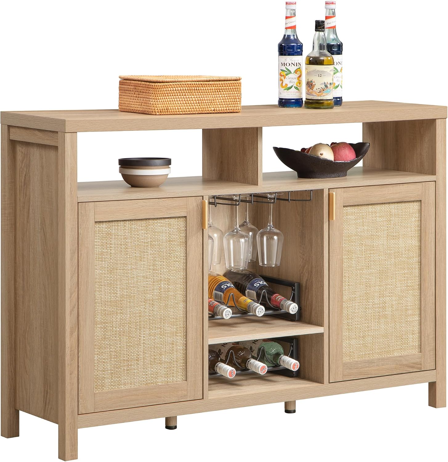 SICOTAS 51" Coffee Bar Cabinet with Storage, Rattan Bar Cart Liquor Cabinet | Large Home Bar Table Wine Cabinet with Wine Racks & Metal Glass Holders, Boho Sideboard Buffet Cabinet for Dining Living Room