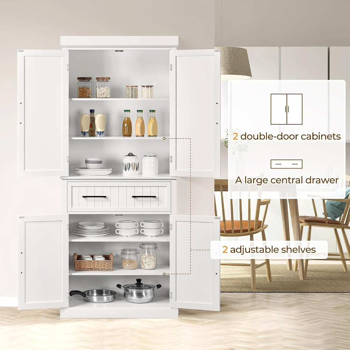 Yaheetech 72.5" H Freestanding 4-Door Kitchen Storage Cabinet,White | Stand‑up Pantry with Adjustable Shelves & Wide Drawer, Engineered Wood Construction, Kitchen/Living Room