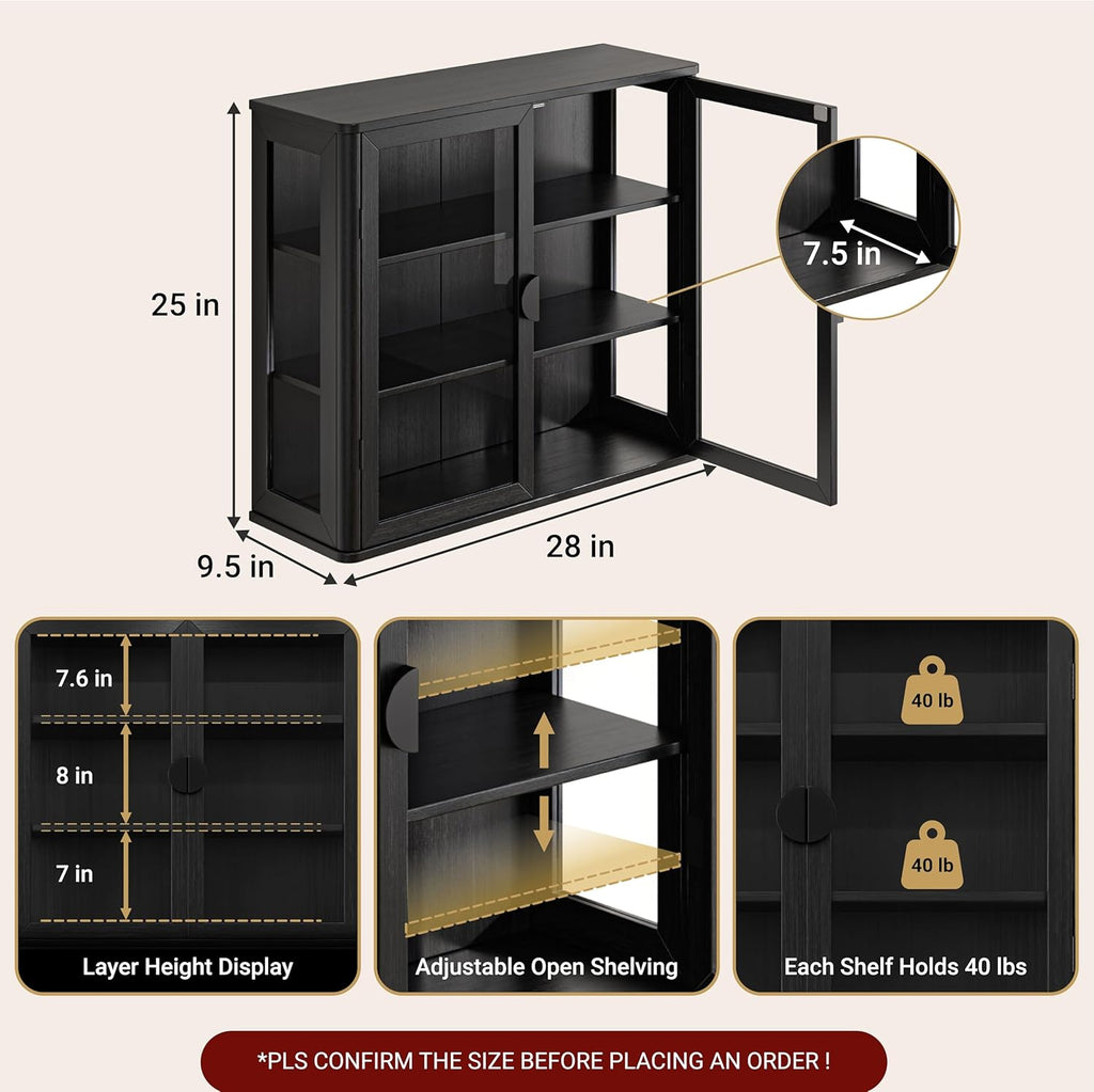 FIMELLO 28’’W Wall Cabinet with Tempered Glass Doors, Bathroom Cabinet Wall Mount, Kitchen Wall Cabinet, Floating Cabinet for Bathroom, Wall Mount Salon Station for Barber, Beauty, Black