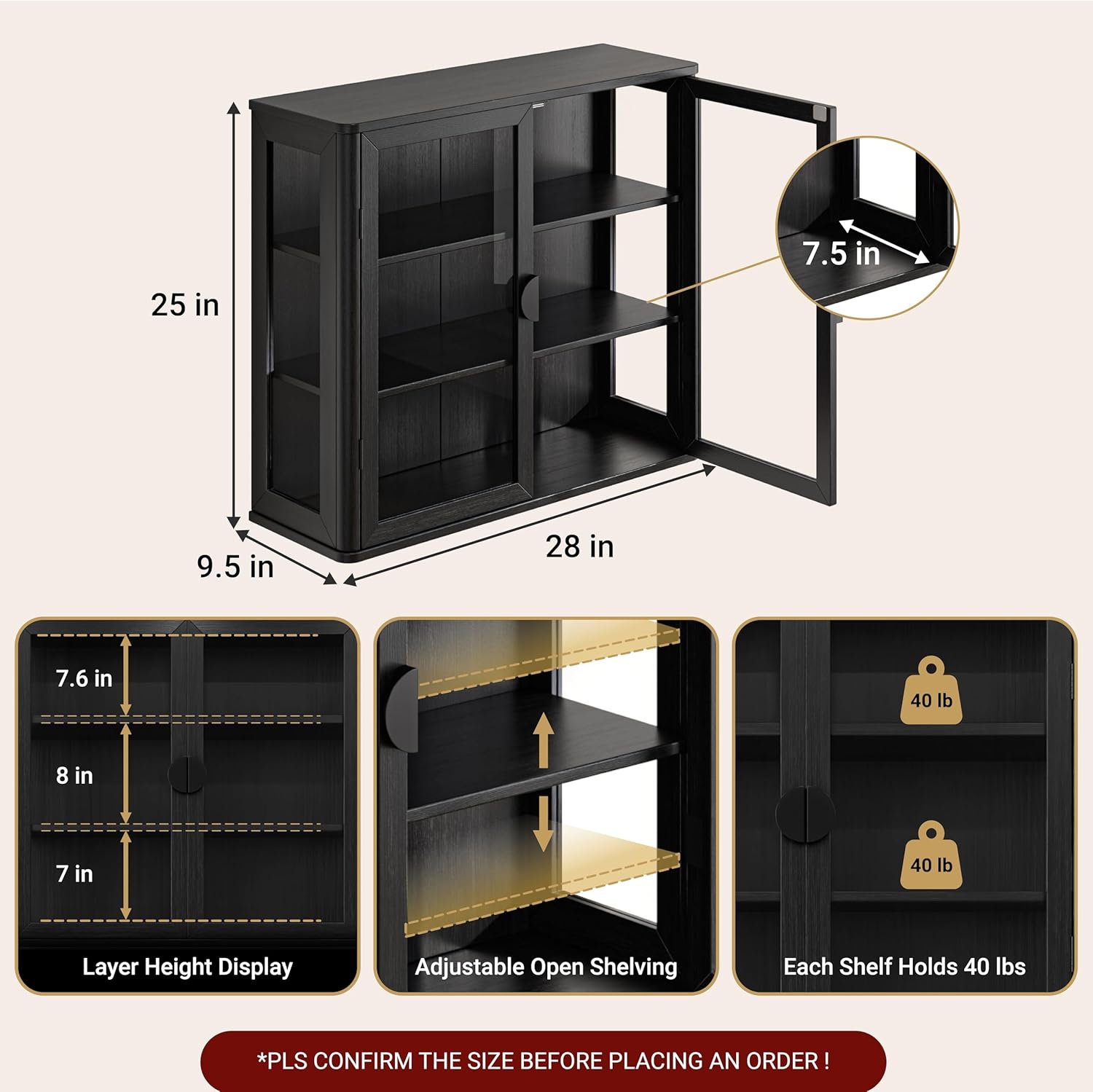 FIMELLO 28’’W Wall Cabinet with Tempered Glass Doors, Bathroom Cabinet Wall Mount, Kitchen Wall Cabinet, Floating Cabinet for Bathroom, Wall Mount Salon Station for Barber, Beauty, Black
