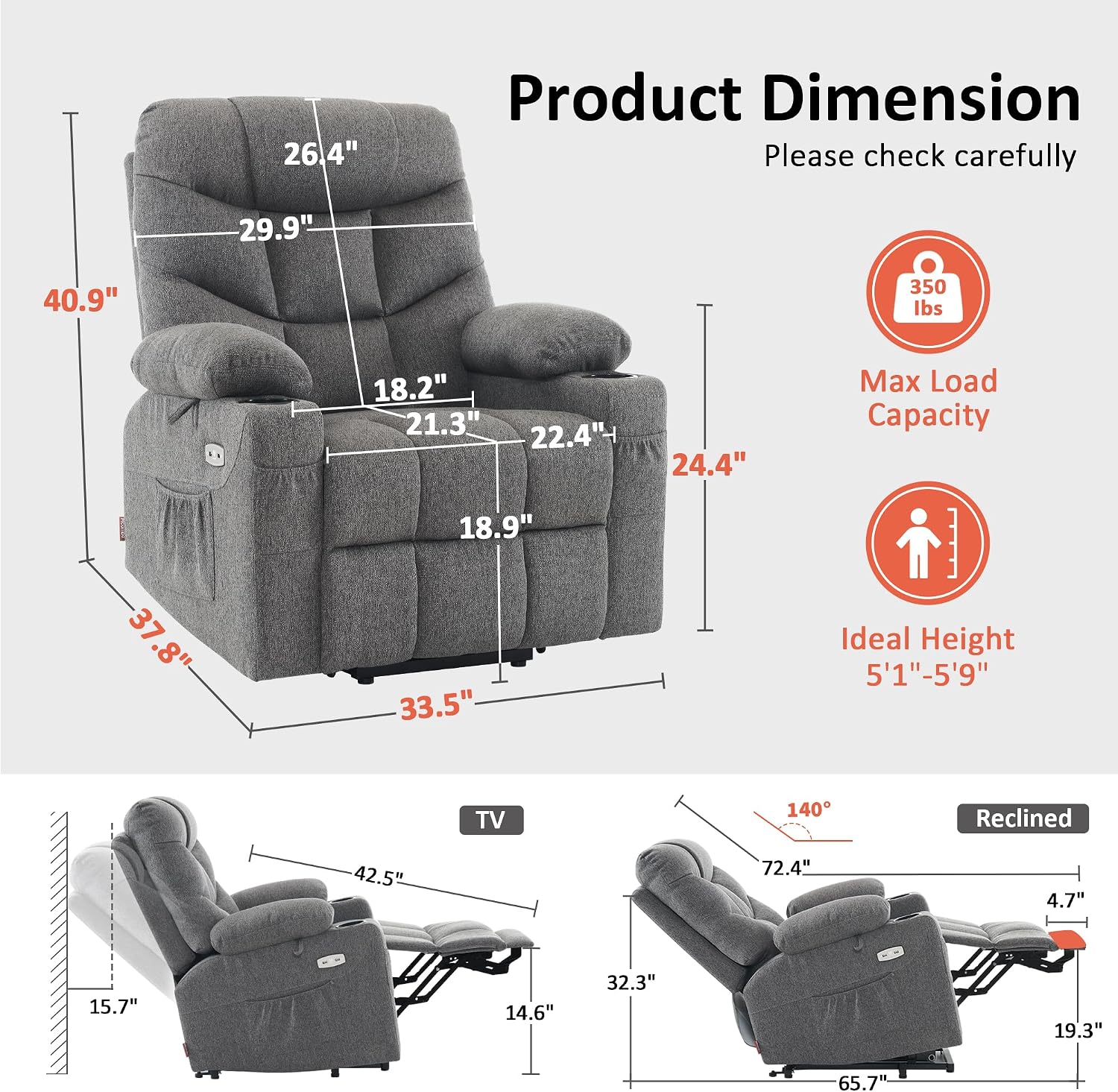 MCombo Power Lift Recliner for Elderly, Fabric 7287 (Dark Gray, Medium)