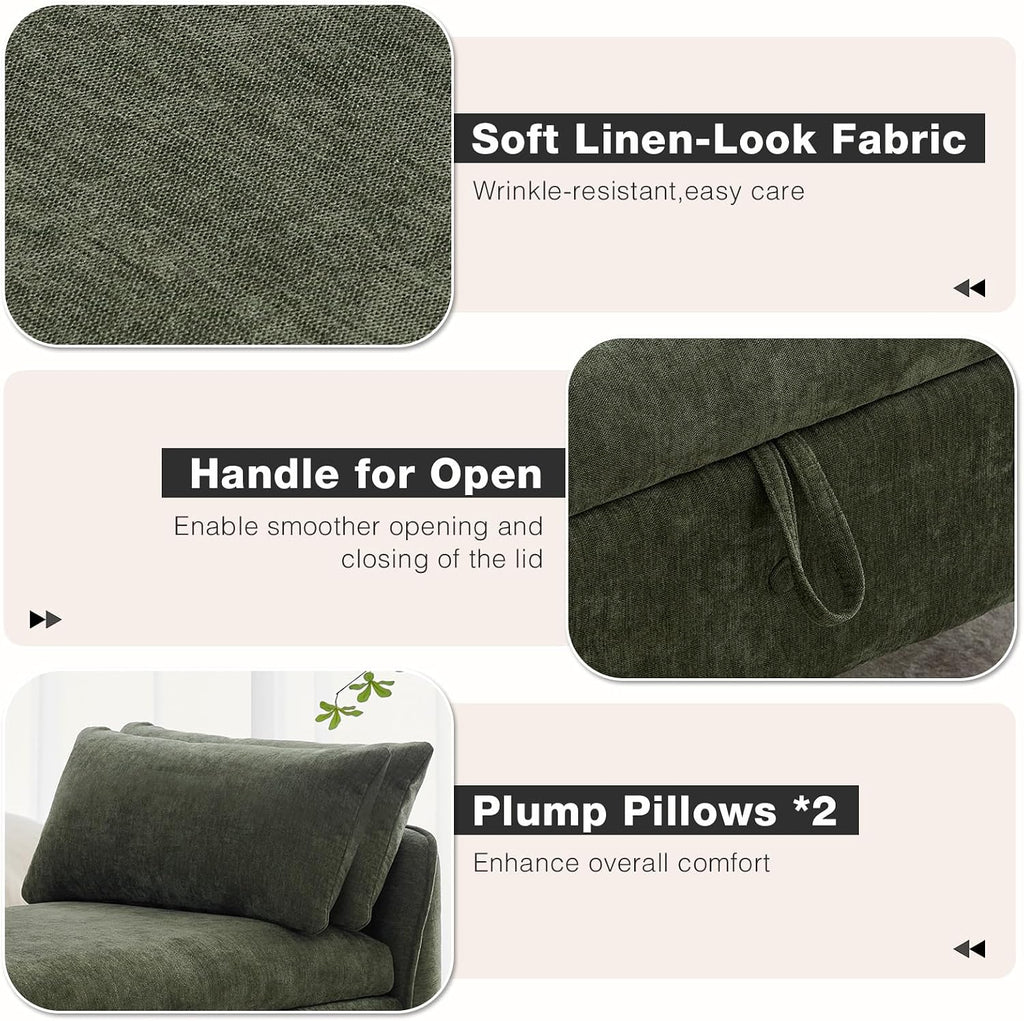 67"End of Bed Storage Bench King Size,Upholstered Bedroom Bench,Green | Linen Storage Bench for Bedroom End of Bed ,2 Cushion, Vintage Wood Legs ,Tufted,Storage Ottoman Bench for Entryway Window