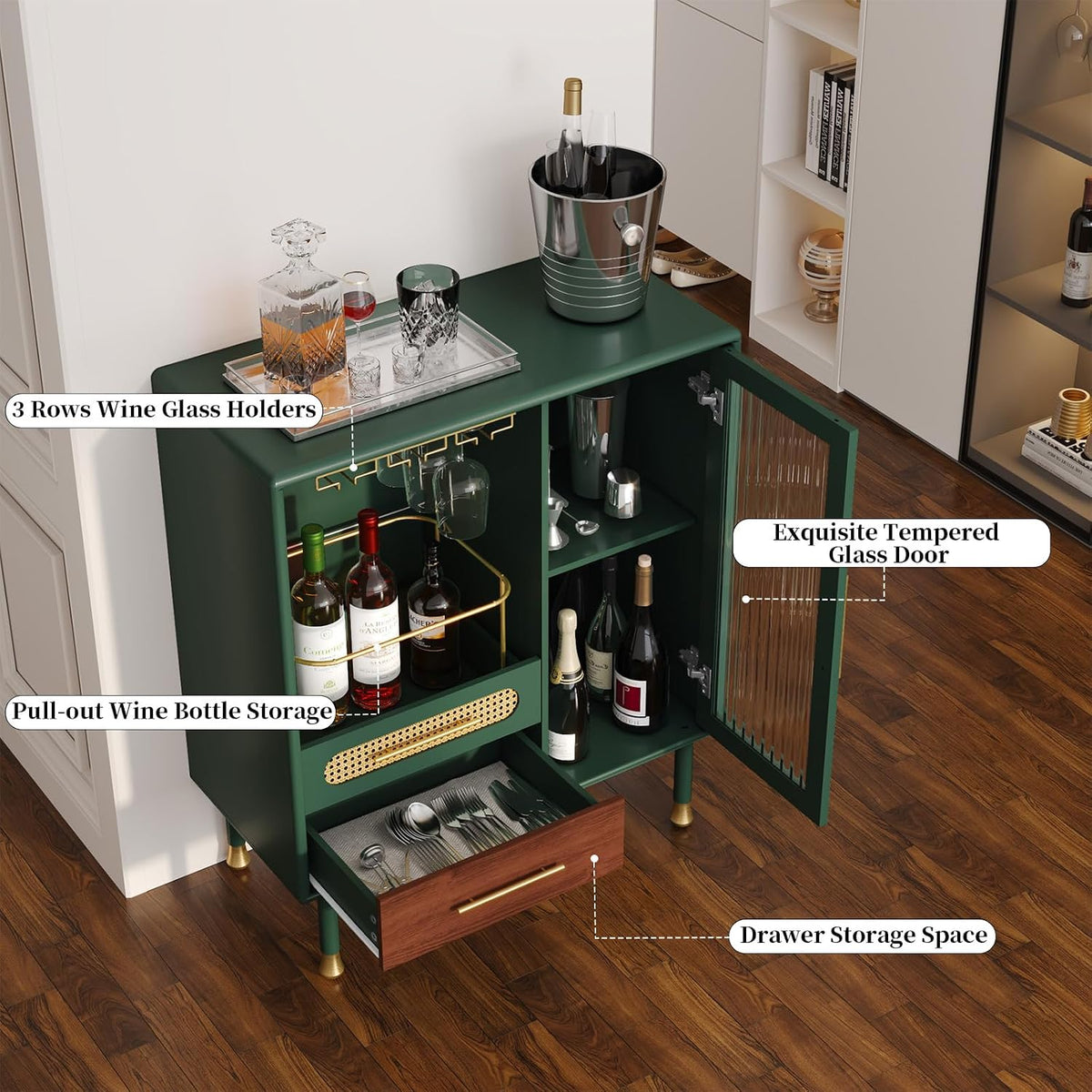 ARTPOWER Modern Coffee Bar Cabinet with Pull-Out Wine Storage, Green | Bar Cart with Wine Glass Rack and Drawers, Liquor Cabinet for Kitchen, Dining Room, Living Room