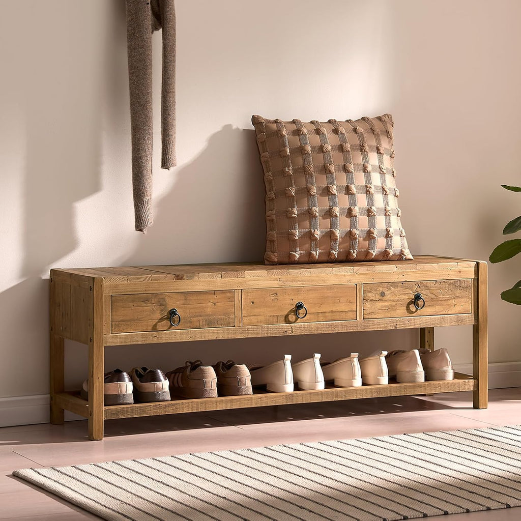 Wnutress 45.2" Reclaimed Solid Wood Benches with 3 Drawers & Slatted Storage Shelf, Rustic Farmhouse Long Entryway Bench Seat for Indoor, End of Bed, Living Room, Hallway, Natural Finsh