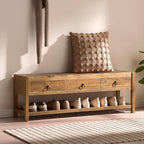 Wnutress 45.2" Reclaimed Solid Wood Benches with 3 Drawers & Slatted Storage Shelf, Rustic Farmhouse Long Entryway Bench Seat for Indoor, End of Bed, Living Room, Hallway, Natural Finsh