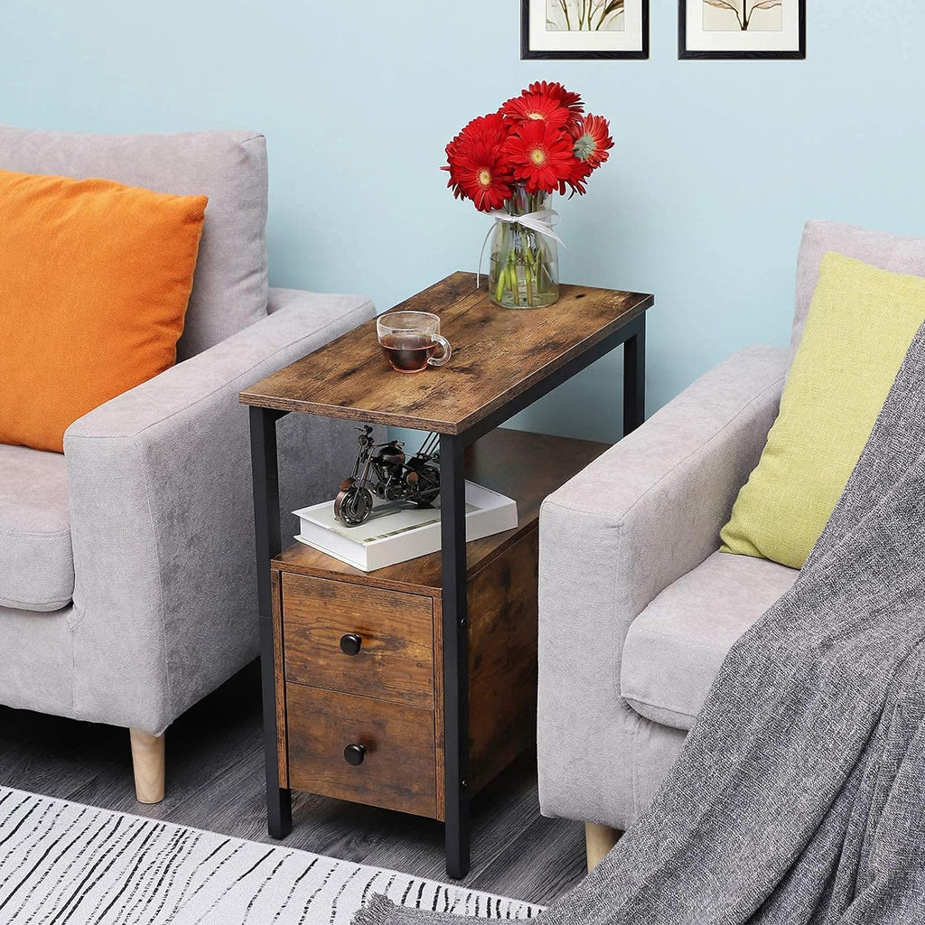 HOOBRO End Table, Narrow Chairside Table with Drawer and Open Storage Shelf, Nightstand for Small Spaces, Stable and Sturdy Construction, Wood Look Accent Furniture, Rustic Brown and Black BF548BZ01G3