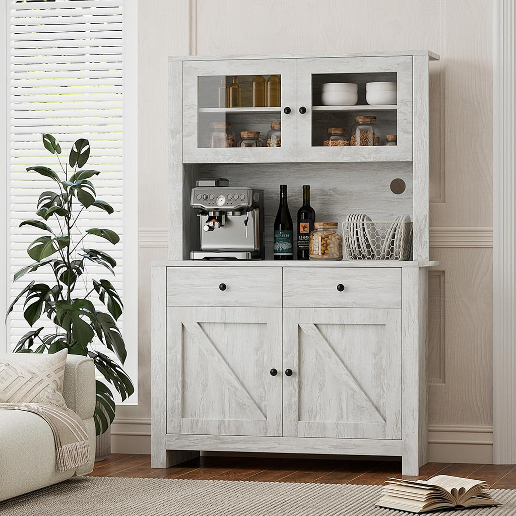 TrailBlaze Freestanding Pantry Cabinet with Microwave Stand - Coffee Bar & Buffet Hutch - 4 Doors and Adjustable Shelves - Tall Storage Cupboard for Dining Room - Color: Grey