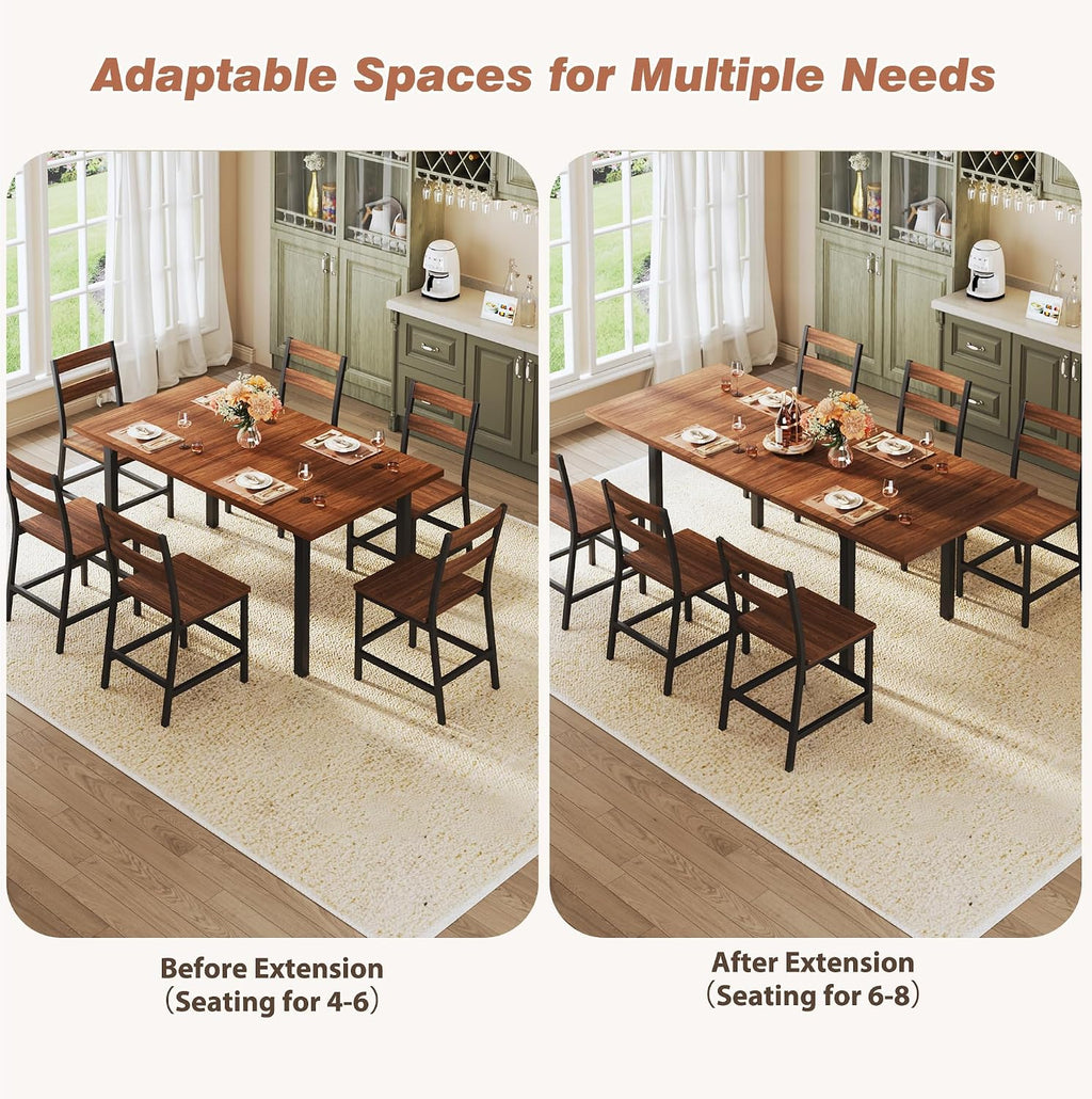 ALEXNUTRE 7-Piece Dining Table Set for 4-6, 63" Large Extendable Kitchen Table Set with 6 Chairs, Curved Backrest, Dining Room Table with Solid Metal Frame & MDF Board, Easy Assembly, Walnut