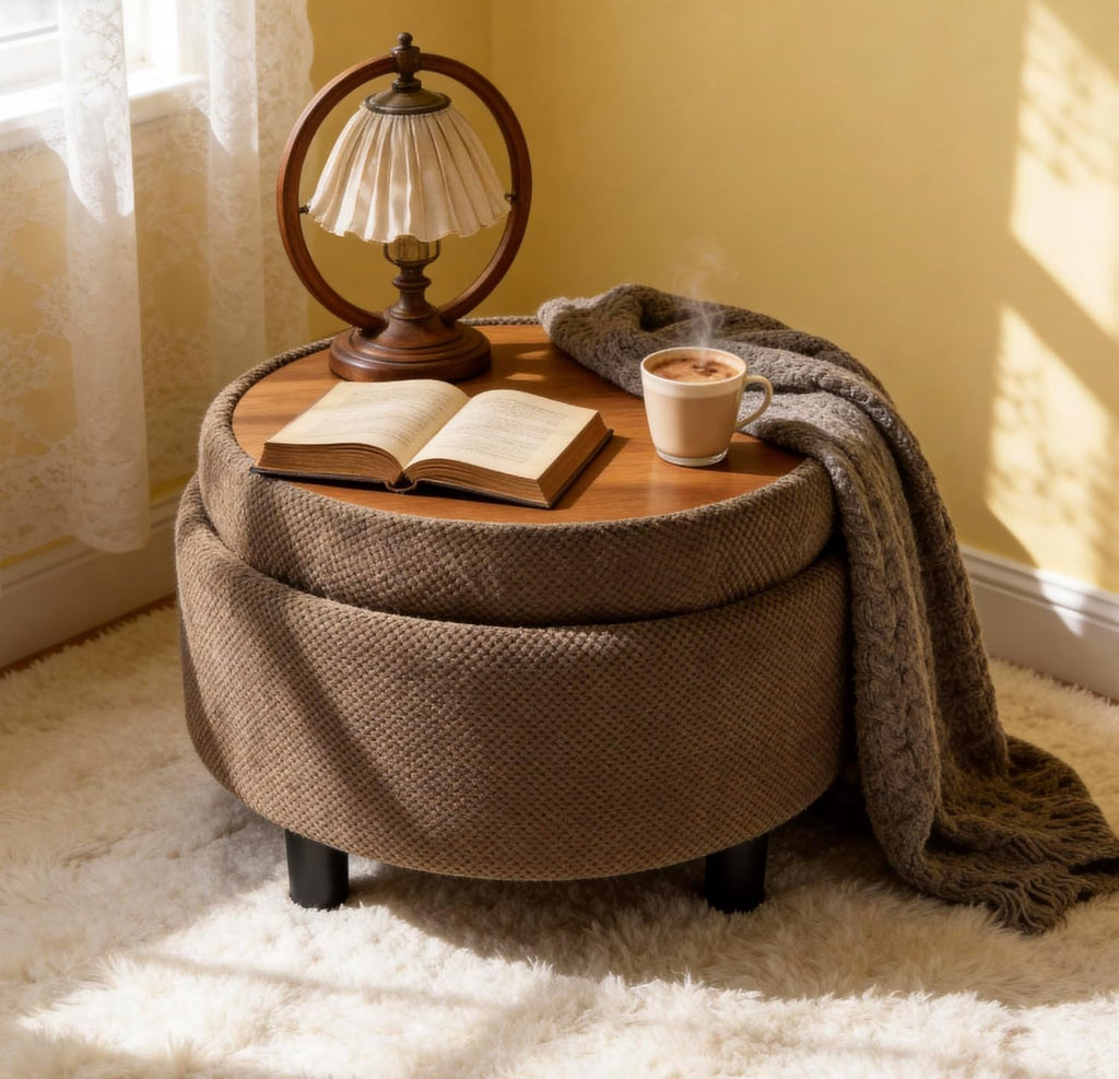 25'' Round Storage Ottoman with Reversible Tray Lid, Tufted Footrest Stool with Hidden Storage, Couch Side Table for Low Tea (Coffee)
