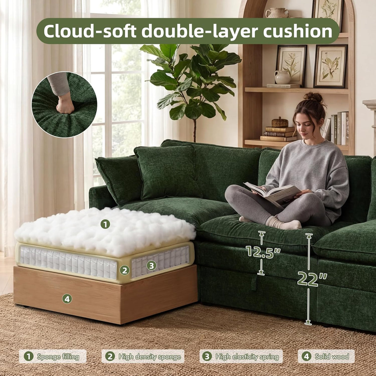 WorthFurni Modular Sectional Sofa with Storage Ottomans,103" U-Shaped Cloud Couch,Comfy Modern Couches with Pillows & Upholstered Deep Seat Cushion for Apartment Living Room Bedroom（Green）