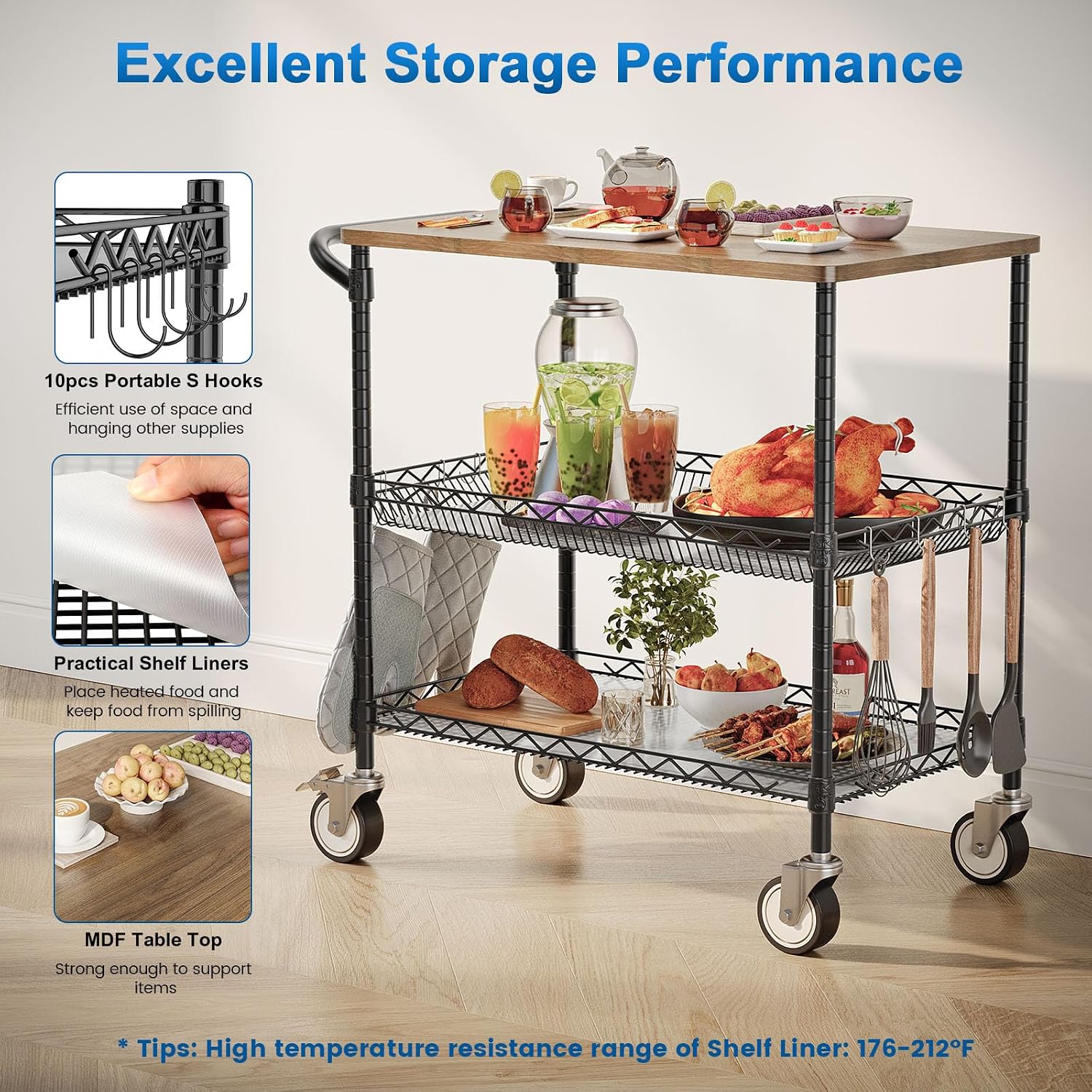 Rolling Kitchen Carts with Wheels, 3-Tier Utility Cart with Wood Tabletop