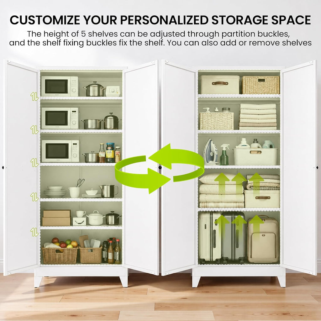 AQY 75" Pantry Cabinet, White Freestanding Storage Cabinet with 5 Adjustable Shelves, Metal Pantry Cupboard with Ventilation Design & Hanging Hooks, 2-Door Kitchen Organizer for Living Room Kitchen